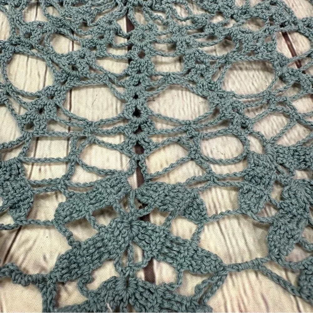 vintage dusty blue gray handmade crochet doily round snowflake design